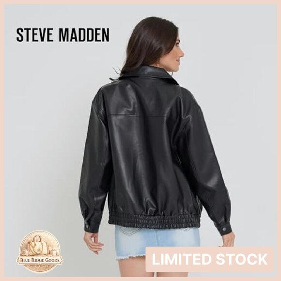 Oversized Faux Leather Bomber Jacket Classic Moto Style Chic Retro - Picture 7 of 8